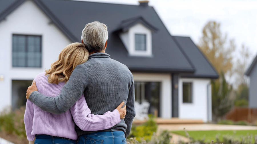 Mann und Frau Arm in Arm vor Haus Mann und Frau vor Haus